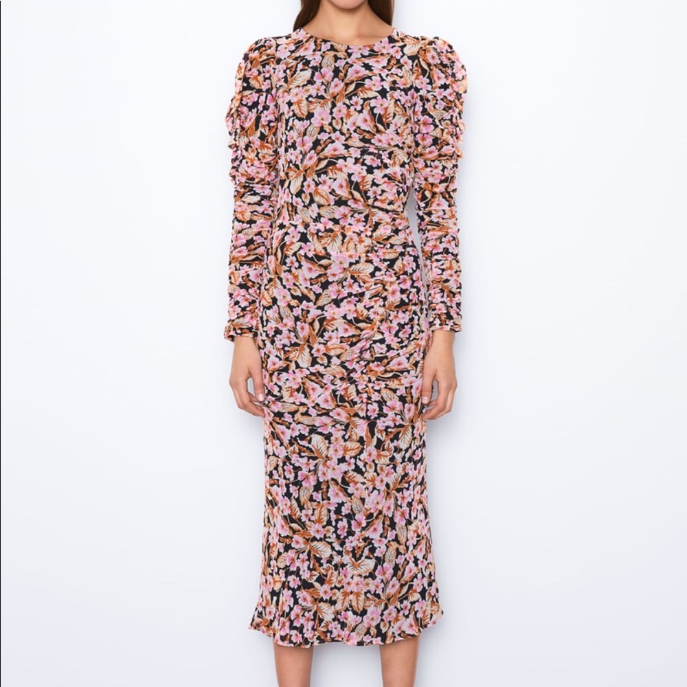 Romantic pink floral ruched midi dress